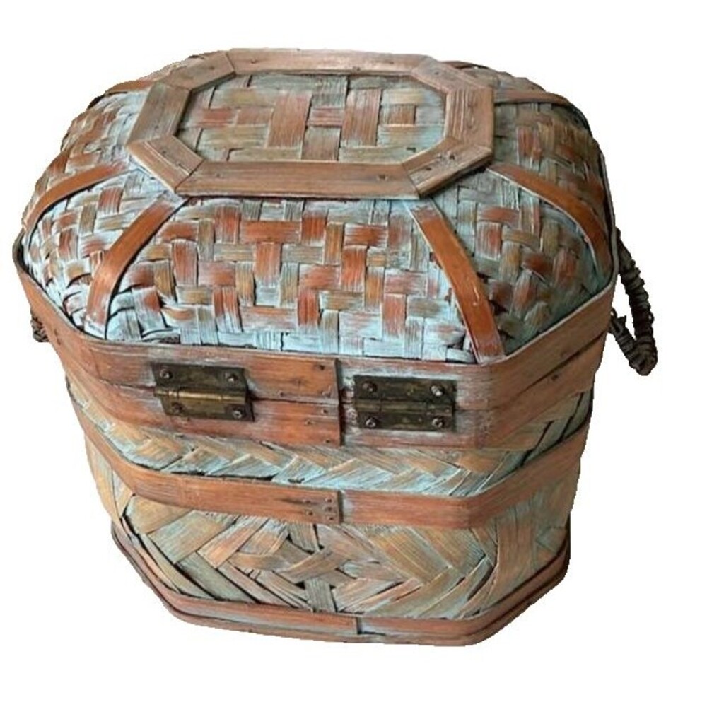 Chinese Woven Rattan Chest Basket Storage Lid Wedding Handle Decor Blue Washwash - Picture 4 of 12